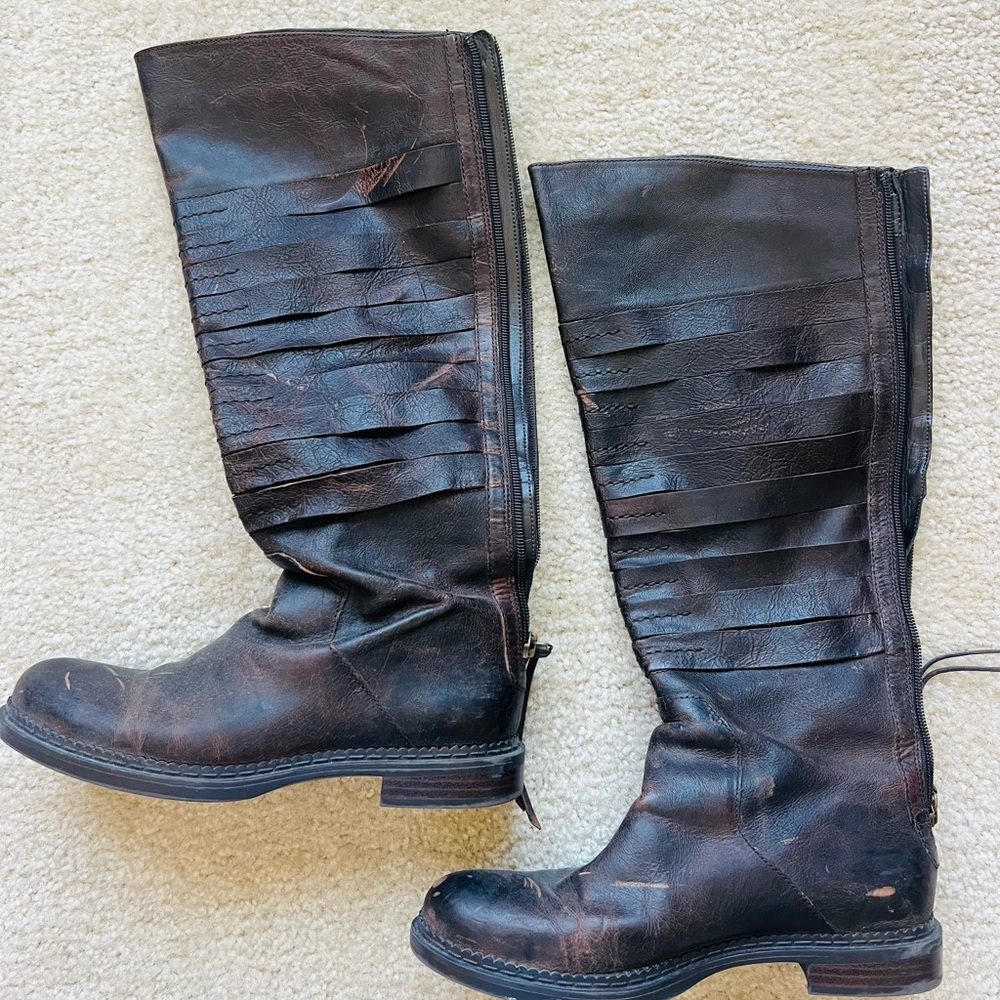 Distressed Brown Knee-High Slated Boots — Size 6.5